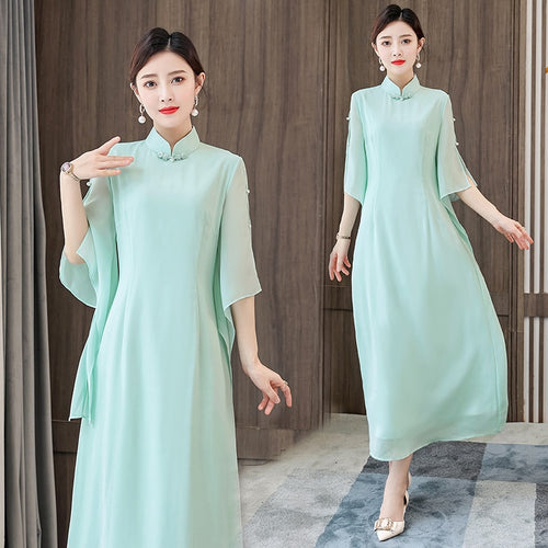 Ladies Elegant Chiffon Improved Cheongsam Women Stand Collar Irregular Sleeve Solid Slim Midi Dress Chinese Style Women Clothes