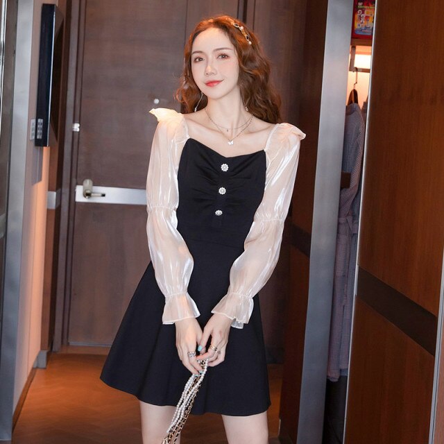 Ladies Fashion Party Dress Long Sleeve Patchwork Square Collar Folds Button High Waist Slim Black Mini Dresses Women Vestidos