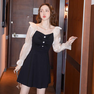 Ladies Fashion Party Dress Long Sleeve Patchwork Square Collar Folds Button High Waist Slim Black Mini Dresses Women Vestidos