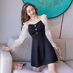 Ladies Fashion Party Dress Long Sleeve Patchwork Square Collar Folds Button High Waist Slim Black Mini Dresses Women Vestidos