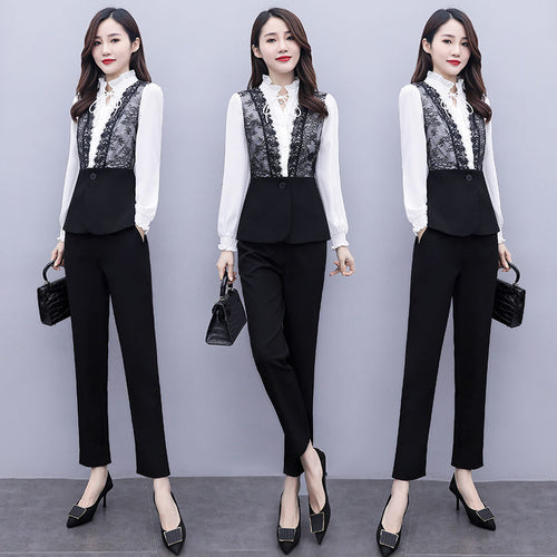 Ladies Office Elegant Clothes Set Stand Collar Long Sleeve Lace Patchwork Top High Waist Pant Women Autumn Fashion 2 Piece Set