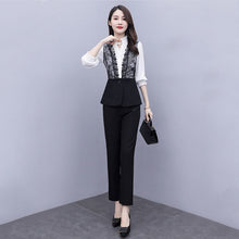Load image into Gallery viewer, Ladies Office Elegant Clothes Set Stand Collar Long Sleeve Lace Patchwork Top High Waist Pant Women Autumn Fashion 2 Piece Set