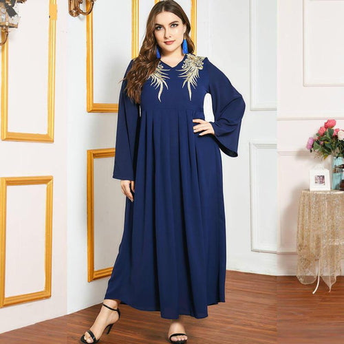 Ladies Oversized Golden Embroidery V-neck Stitching Fashion And Elegant Muslim Dark Blue Long Skirt Ramadan Dress For Eid