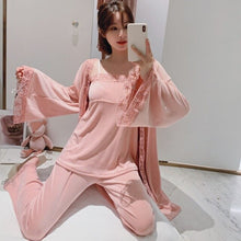 Load image into Gallery viewer, Ladies Pajamas Three Piece Suit Spring And Summer Retro Palace Island Velvet Robe Silver Fox Velvet Pajamas women&#39;s  Homewear