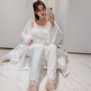 Ladies Pajamas Three Piece Suit Spring And Summer Retro Palace Island Velvet Robe Silver Fox Velvet Pajamas women's  Homewear