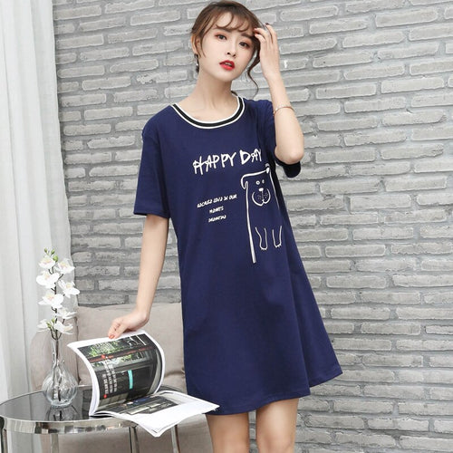 Ladies Sexy Cotton Night Dress Short Sleeve Nighties O-Neck Nightgown Plus Size Nightdress Cartoon Sleepwear Nightwear For Women