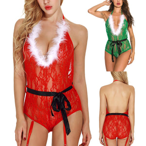 Ladies Sexy Transparent Christmas Cosplay Uniform Temptation Bodysuit Lace See Through Lingerie Backless Hollow Out Nightwear