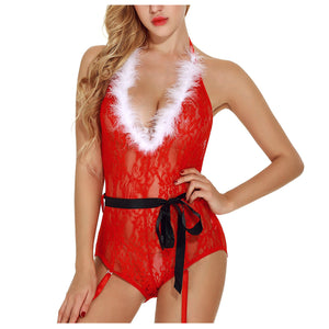 Ladies Sexy Transparent Christmas Cosplay Uniform Temptation Bodysuit Lace See Through Lingerie Backless Hollow Out Nightwear