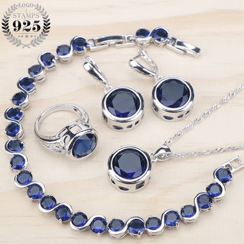 Ladies Silver 925 Jewelry Sets For Women 2018  Blue Cubic Zirconia Rings/Bracelets/Earrings/Pendant Necklace Set Free Gift Box