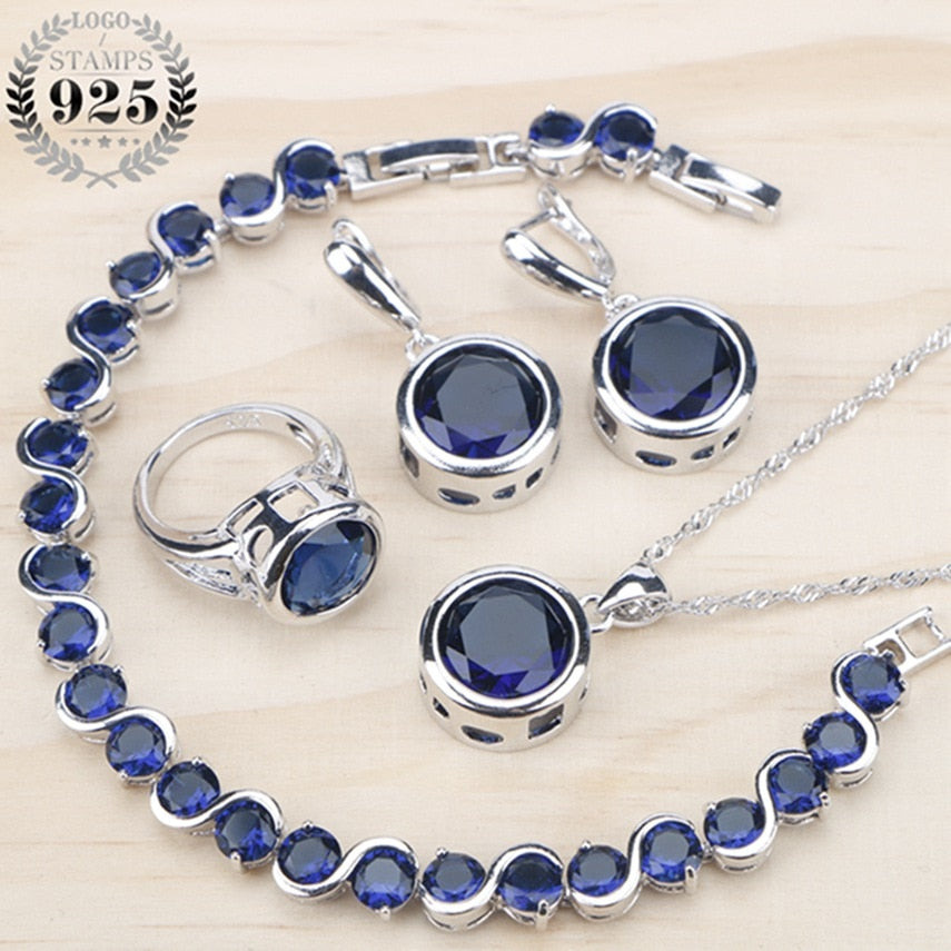 Ladies Silver 925 Jewelry Sets For Women 2018  Blue Cubic Zirconia Rings/Bracelets/Earrings/Pendant Necklace Set Free Gift Box