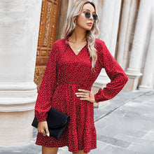 Load image into Gallery viewer, Ladies Spring Summer Polka Dot Print Dress Women 2021 New Casual Lace Up V Neck Full Sleeve Slim Short Dress