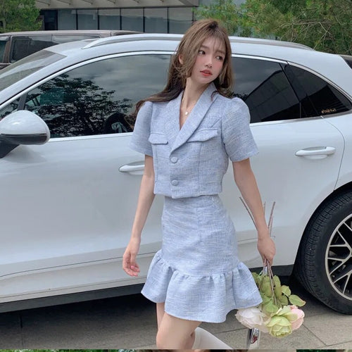 Ladies Suits Summer New Short Sleeve Shirt Female High Waist Skirt Blue Two-Piece Sets 4XL