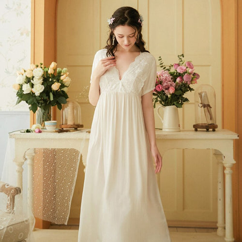 Ladies Vintage Homewear Suit Long white Nightdress Women Nightgowns Lace Sweet Negligee Nightwear V-neck Sleepwear Sexy Nighty