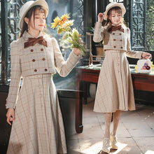 Load image into Gallery viewer, Ladies Winter Retro Suit Short Jacket Plaid Bowknot Double Breasted Top + Waist Strap Dress 2-piece Set