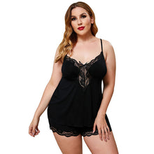Load image into Gallery viewer, Ladies plus size sexy lingerie suit modal female lace stitching pajamas suit suspenders with shorts erotic women XL-5XL black