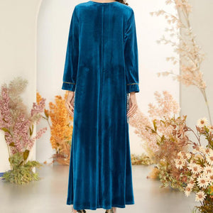 Lady Comfortable And Dignified Yellow Jacquard Pocket Blue Stitching Velvet Muslim Pullover Dress Suitable For Autumn And Winter