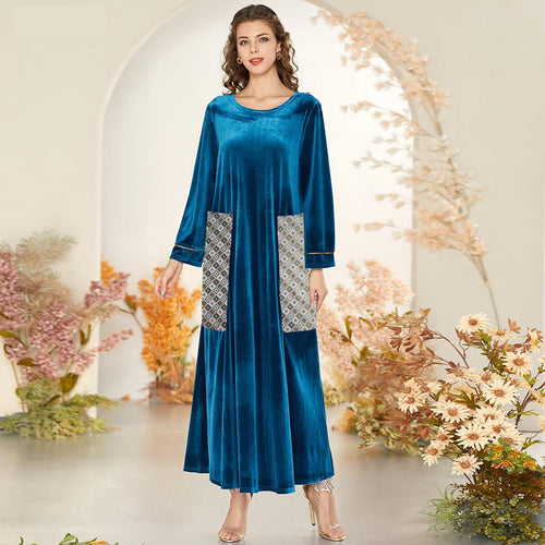 Lady Comfortable And Dignified Yellow Jacquard Pocket Blue Stitching Velvet Muslim Pullover Dress Suitable For Autumn And Winter