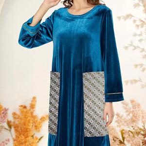 Lady Comfortable And Dignified Yellow Jacquard Pocket Blue Stitching Velvet Muslim Pullover Dress Suitable For Autumn And Winter