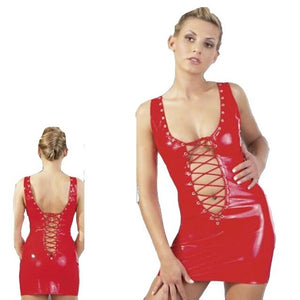 Lady Hot Red PVC Vinyl Shiny Wet Look Front and Back Lace Up Mini Dress Womens Mistress Fetish Clubwear Party Costume