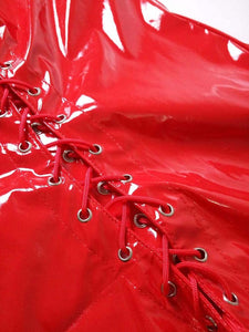 Lady Hot Red PVC Vinyl Shiny Wet Look Front and Back Lace Up Mini Dress Womens Mistress Fetish Clubwear Party Costume
