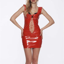 Load image into Gallery viewer, Lady Hot Red PVC Vinyl Shiny Wet Look Front and Back Lace Up Mini Dress Womens Mistress Fetish Clubwear Party Costume