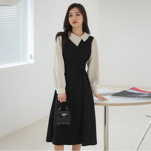 Lady Vestidos de mujer Casual Dresses Korean Shirt Stitching Irregular Lapel Design French Temperament Bandage Dress Plus Size