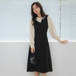 Lady Vestidos de mujer Casual Dresses Korean Shirt Stitching Irregular Lapel Design French Temperament Bandage Dress Plus Size