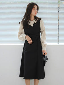 Lady Vestidos de mujer Casual Dresses Korean Shirt Stitching Irregular Lapel Design French Temperament Bandage Dress Plus Size