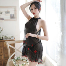 Load image into Gallery viewer, Lady&#39;s Floral Embroidery Mesh Skirt Sets Sexy See Through Nightdress Women Backless Elegant Lace Up Sleepwear With T Pants