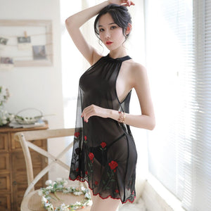 Lady's Floral Embroidery Mesh Skirt Sets Sexy See Through Nightdress Women Backless Elegant Lace Up Sleepwear With T Pants