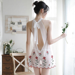 Lady's Floral Embroidery Mesh Skirt Sets Sexy See Through Nightdress Women Backless Elegant Lace Up Sleepwear With T Pants
