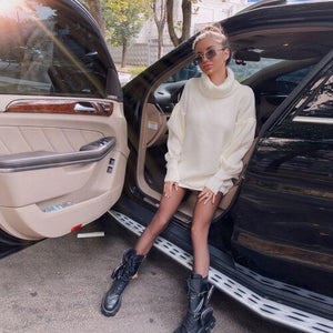 Lantern Sleeve Sweaters Dress Women Autumn Winter Solid Casual Long Pullovers Oversize Thick Knitted Sweater Dresses
