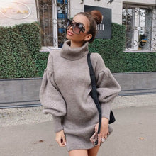 Load image into Gallery viewer, Lantern Sleeve Sweaters Dress Women Autumn Winter Solid Casual Long Pullovers Oversize Thick Knitted Sweater Dresses
