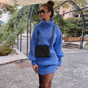 Lantern Sleeve Sweaters Dress Women Autumn Winter Solid Casual Long Pullovers Oversize Thick Knitted Sweater Dresses