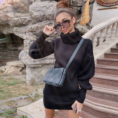 Lantern Sleeve Sweaters Dress Women Autumn Winter Solid Casual Long Pullovers Oversize Thick Knitted Sweater Dresses