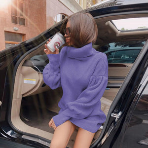 Lantern Sleeve Sweaters Dress Women Autumn Winter Solid Casual Long Pullovers Oversize Thick Knitted Sweater Dresses