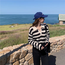 Load image into Gallery viewer, Lapel Striped Pullover Sweater Female Korean Spring Loose Student Soft Waxy Long Sleeve Sweater Top