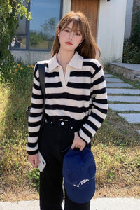 Lapel Striped Pullover Sweater Female Korean Spring Loose Student Soft Waxy Long Sleeve Sweater Top