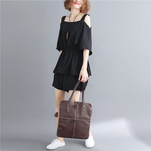 Large Size Solid Color Summer Fashion Suit Women Square Neck Suspender Top + Elastic Waist Shorts Loose Casual Two-Piece Female