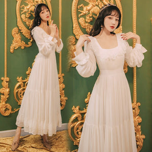 Large Size White Long Dress Elegant Lady Vintage Square Collar Lace Lantern Sleeve Ruffles Bottom Retro Fairy Princess Dresses