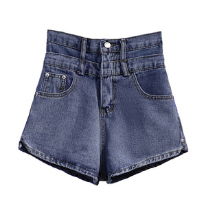 Large size double waist denim ultra short pants female fat mm summer Hong Kong flavor high waist slim long leg wide hot pants