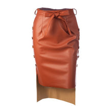 Load image into Gallery viewer, Leather Women Skirt Slit Side Midi Bodycon Trim Slim Skirt High Waist Tie Waist Pencil Skirt Long Solid Color Streetwear Summer