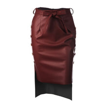 Load image into Gallery viewer, Leather Women Skirt Slit Side Midi Bodycon Trim Slim Skirt High Waist Tie Waist Pencil Skirt Long Solid Color Streetwear Summer