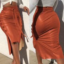 Load image into Gallery viewer, Leather Women Skirt Slit Side Midi Bodycon Trim Slim Skirt High Waist Tie Waist Pencil Skirt Long Solid Color Streetwear Summer
