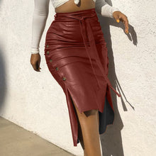 Load image into Gallery viewer, Leather Women Skirt Slit Side Midi Bodycon Trim Slim Skirt High Waist Tie Waist Pencil Skirt Long Solid Color Streetwear Summer