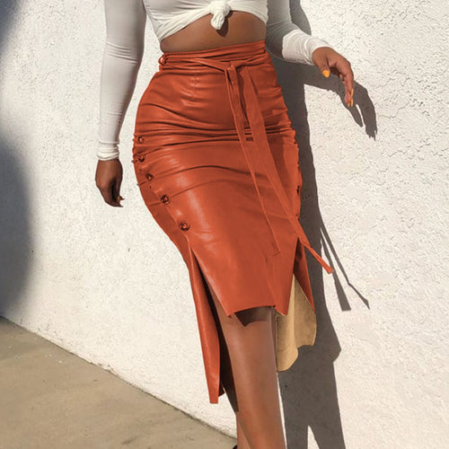 Leather Women Skirt Slit Side Midi Bodycon Trim Slim Skirt High Waist Tie Waist Pencil Skirt Long Solid Color Streetwear Summer