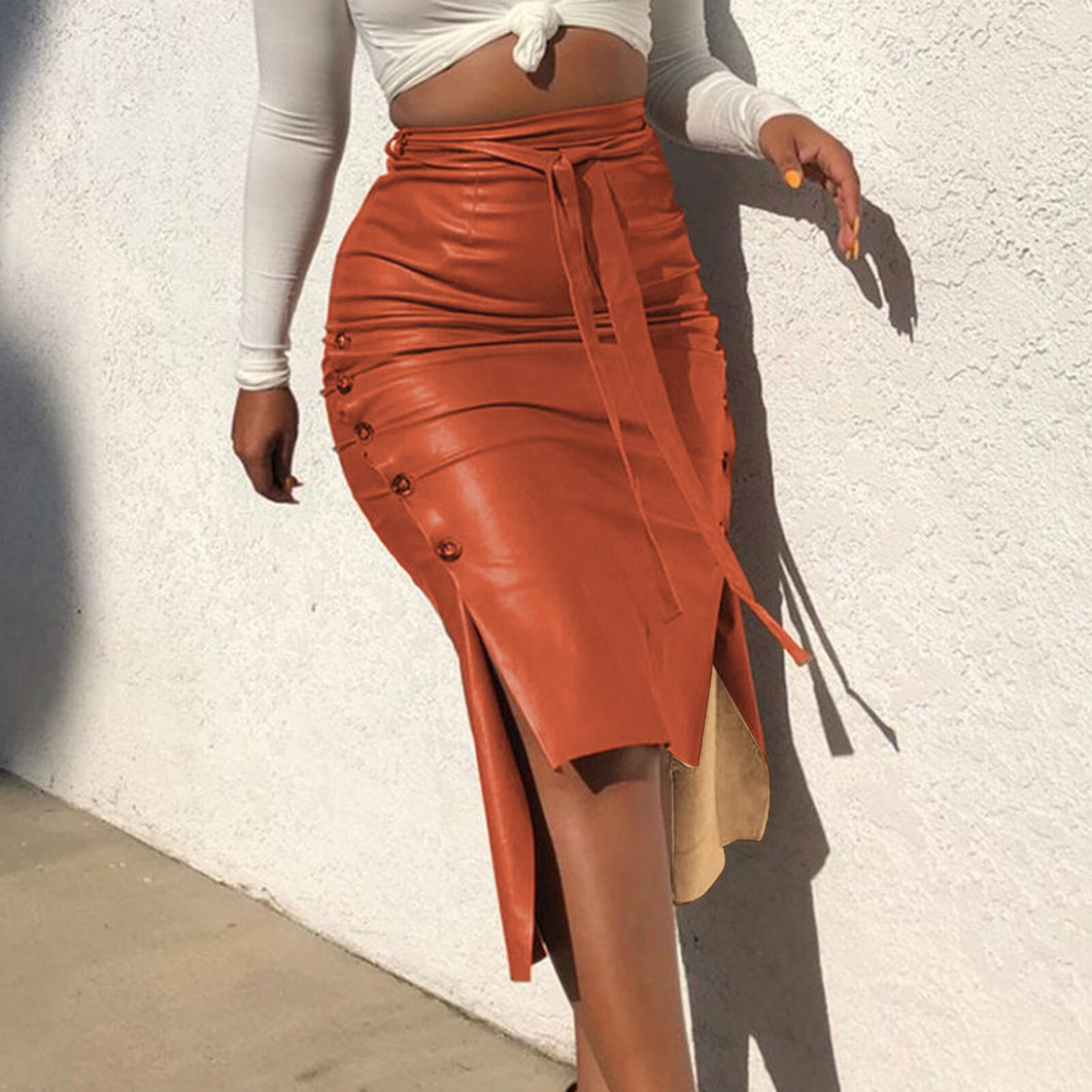 Leather Women Skirt Slit Side Midi Bodycon Trim Slim Skirt High Waist Tie Waist Pencil Skirt Long Solid Color Streetwear Summer