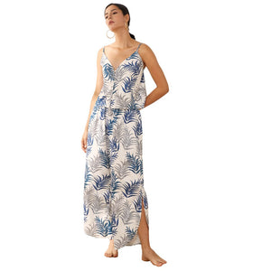 Leaves Printed Pajamas Set Buttons Sexy Sleepwear Suit  Top with Pant Comfortable Leisure Wear Summer Holiday Homedress