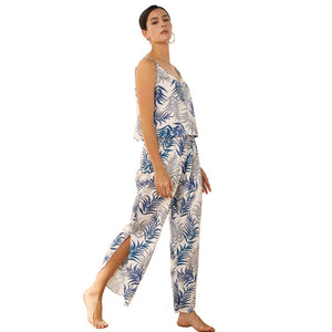 Leaves Printed Pajamas Set Buttons Sexy Sleepwear Suit  Top with Pant Comfortable Leisure Wear Summer Holiday Homedress