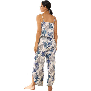 Leaves Printed Pajamas Set Buttons Sexy Sleepwear Suit  Top with Pant Comfortable Leisure Wear Summer Holiday Homedress